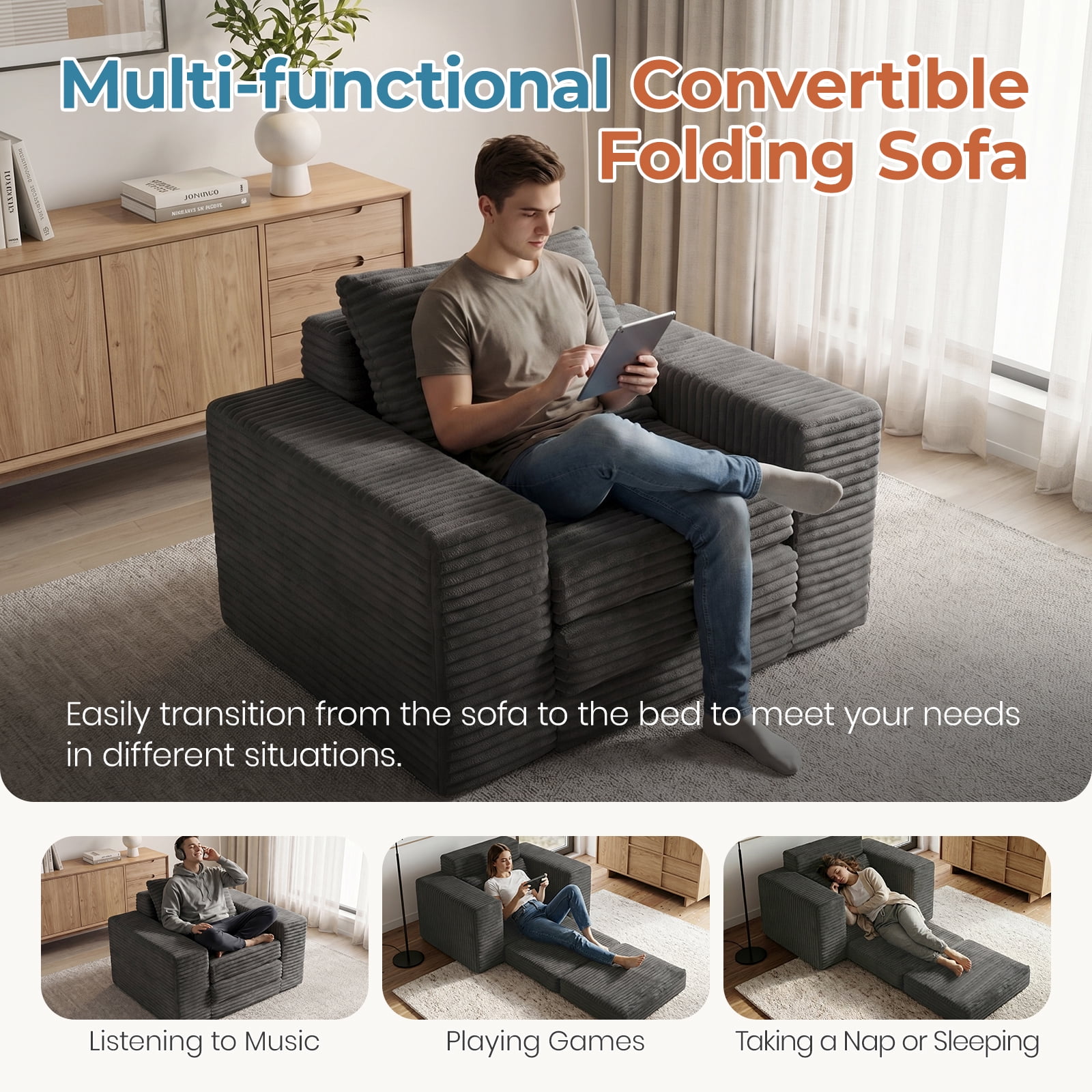Single Pull Out Folding Sofa Bed with Memory Foam, Corduroy Convertible Sleeper Couch with Pillow, 75.6" Sleeping Surface Space Saving Sofa for Apartment Dorm Guest Room