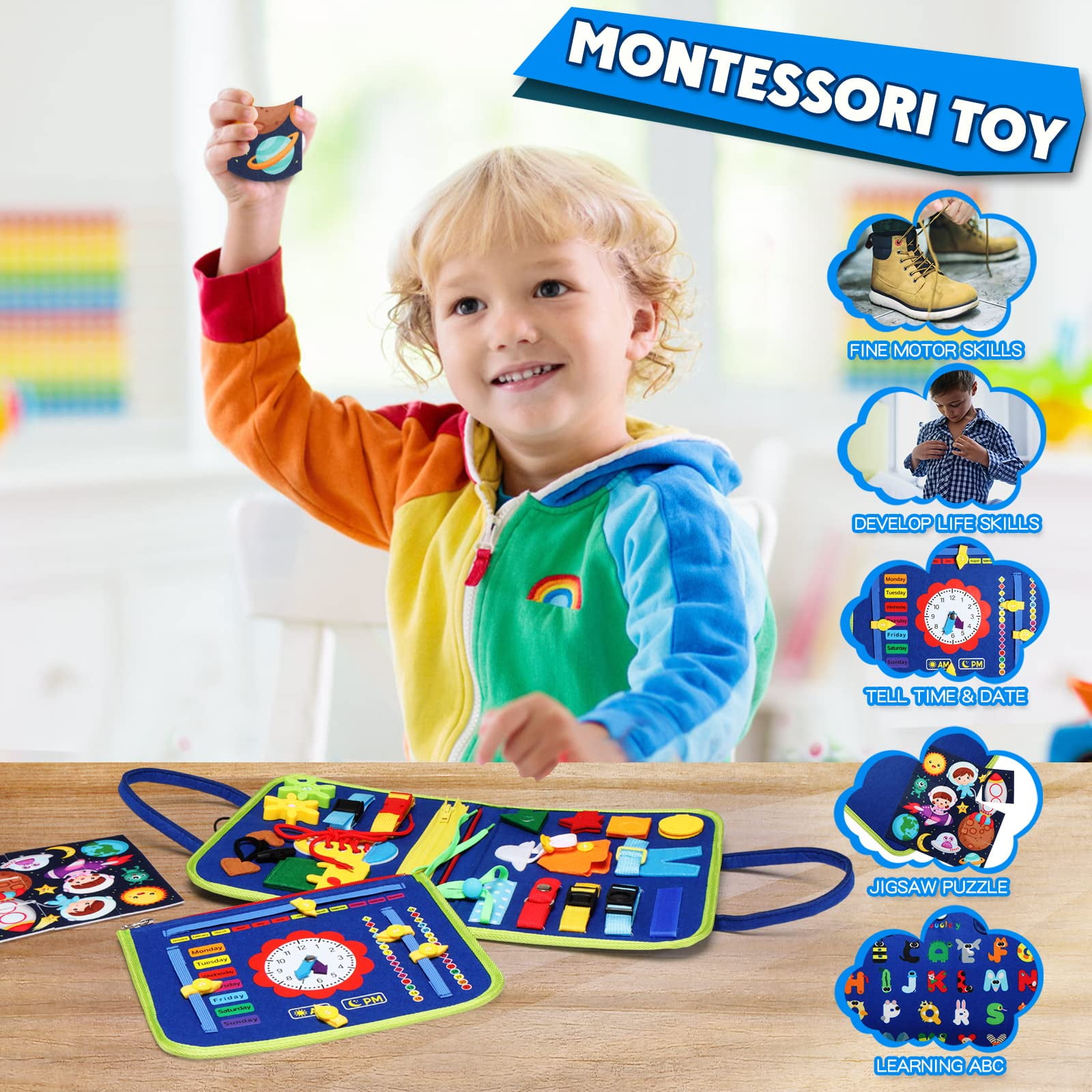 Tatulan Busy Board Montessori Toys for Toddlers, Sensory Board for Learning  Fine Motor Skills, Educational Travel Toys for Boys Girls, Busy Board for