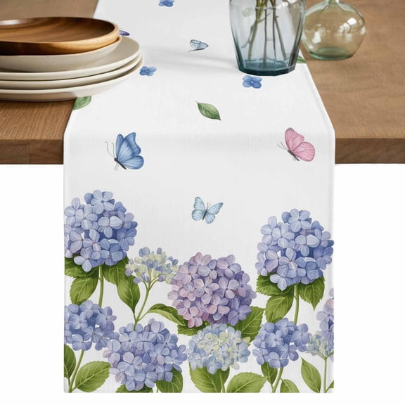 Spring Hydrangeas Table Runner 70 Inches, Purple Floral Butterfly Leaves Bed Runner Dresser Scarves Tabletop for Indoor Outdoor Parties/Ceremony/Banquet, 13" x 70"
