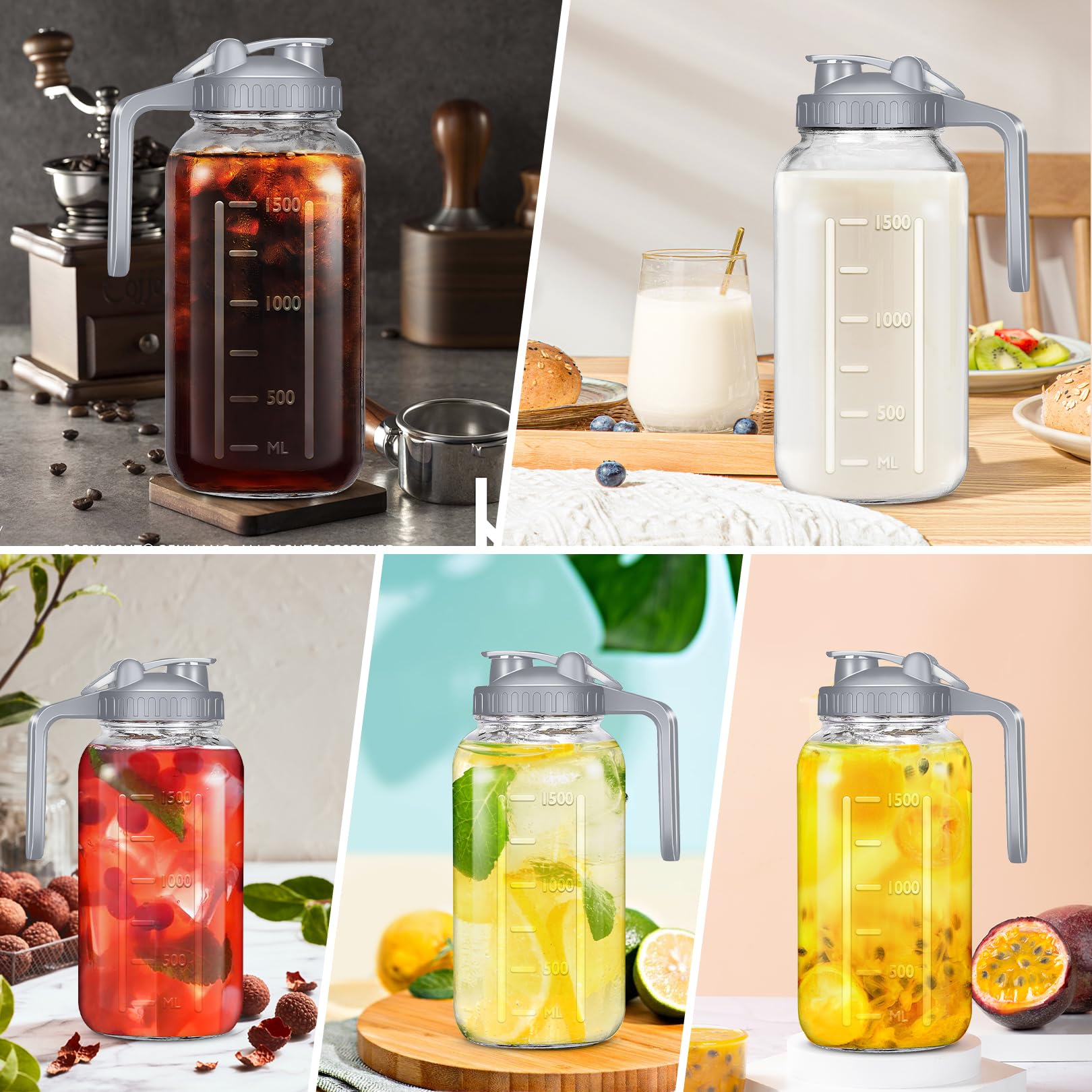 JOGGEIL Glass Pitchers with Lid Set of 2,64OZ Mason Jars with Lid,2 Quart Glass Water Pitcher with Lid,Airtight Seal Wide Mouth Water Jug–Perfect for Cold Brew Coffee,Sun Lemonade, Juice,Milk Gray