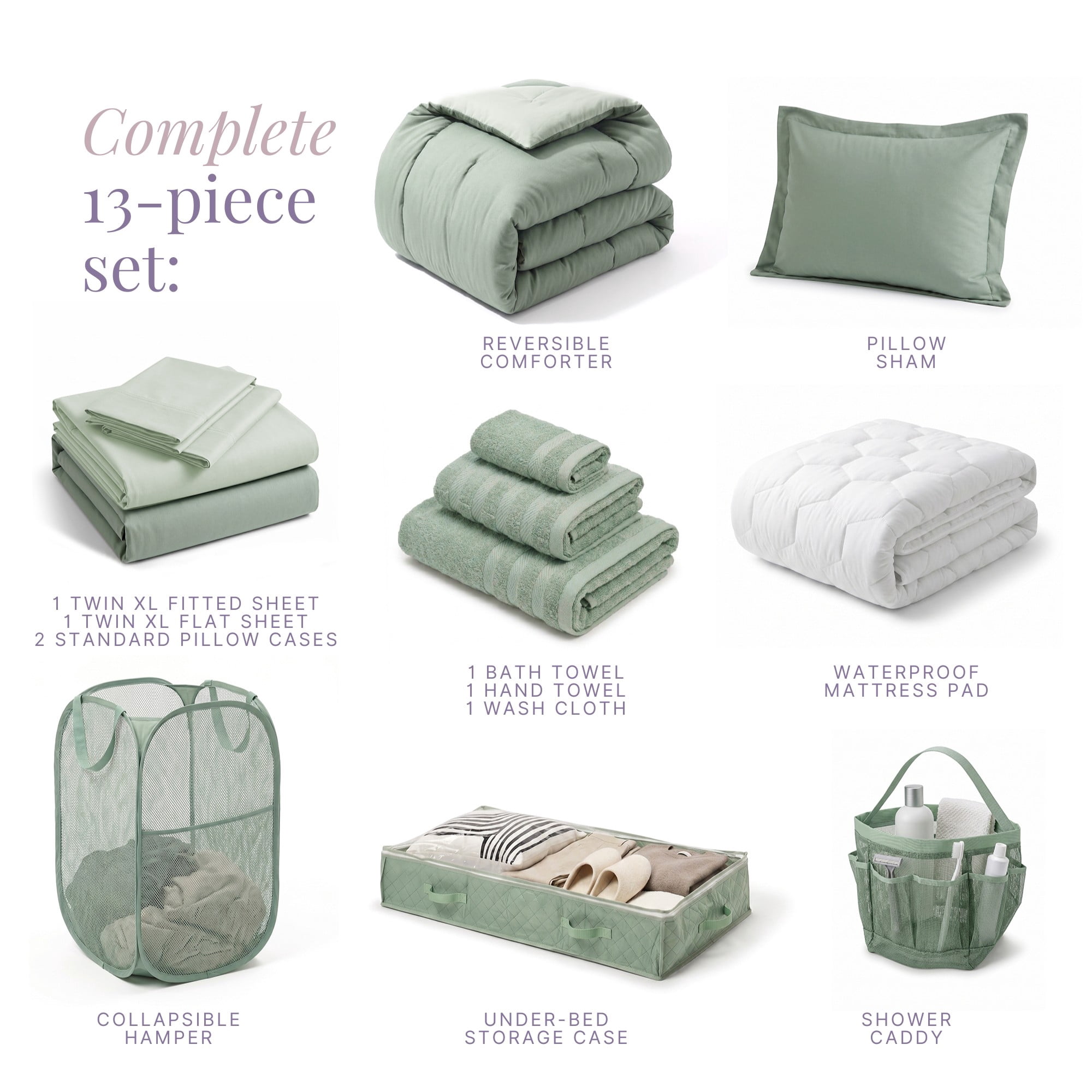 Nestl Back to College Dorm Room Essentials, Twin XL Comforter Sets, Dorm Bedding, Twin Xl Bed In a Bag with All Dorm Accessories and Bedding, Sage Green