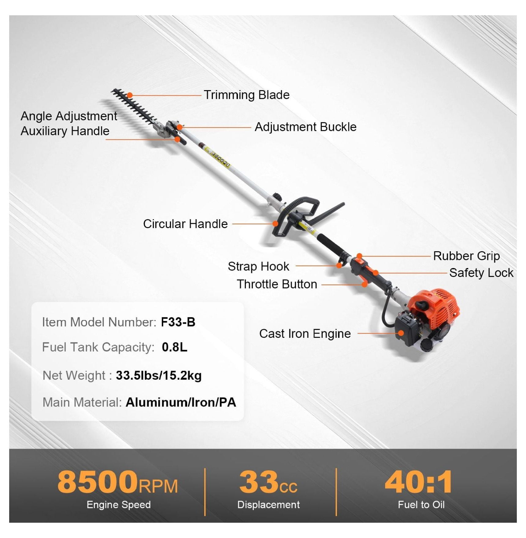 Gas Hedge Trimmer 33CC 6-in-1 Multi-Tool - Weed Eater, Pruner, Pole Saw, Brush Cutter w/Attachments