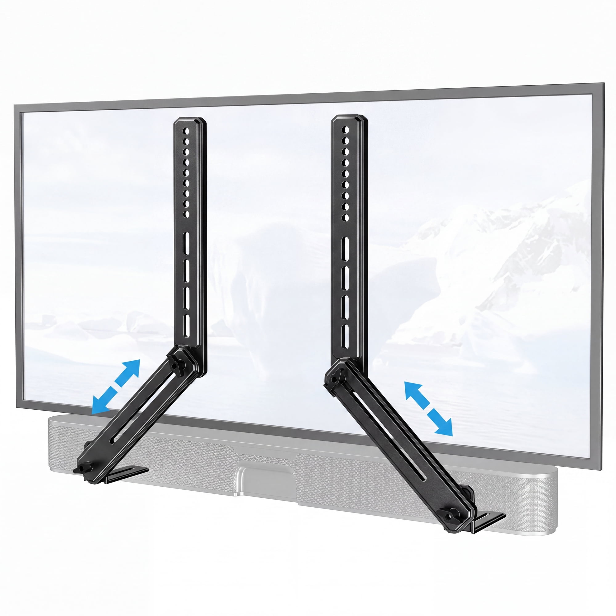MountFTV Soundbar Mount with Adjustable Height, up to 15 lbs, with Detachable Long Extension Plates,Sound bar Mount Under or Above TV, Double Group Scythe Type TV Soundbar Wall Mount