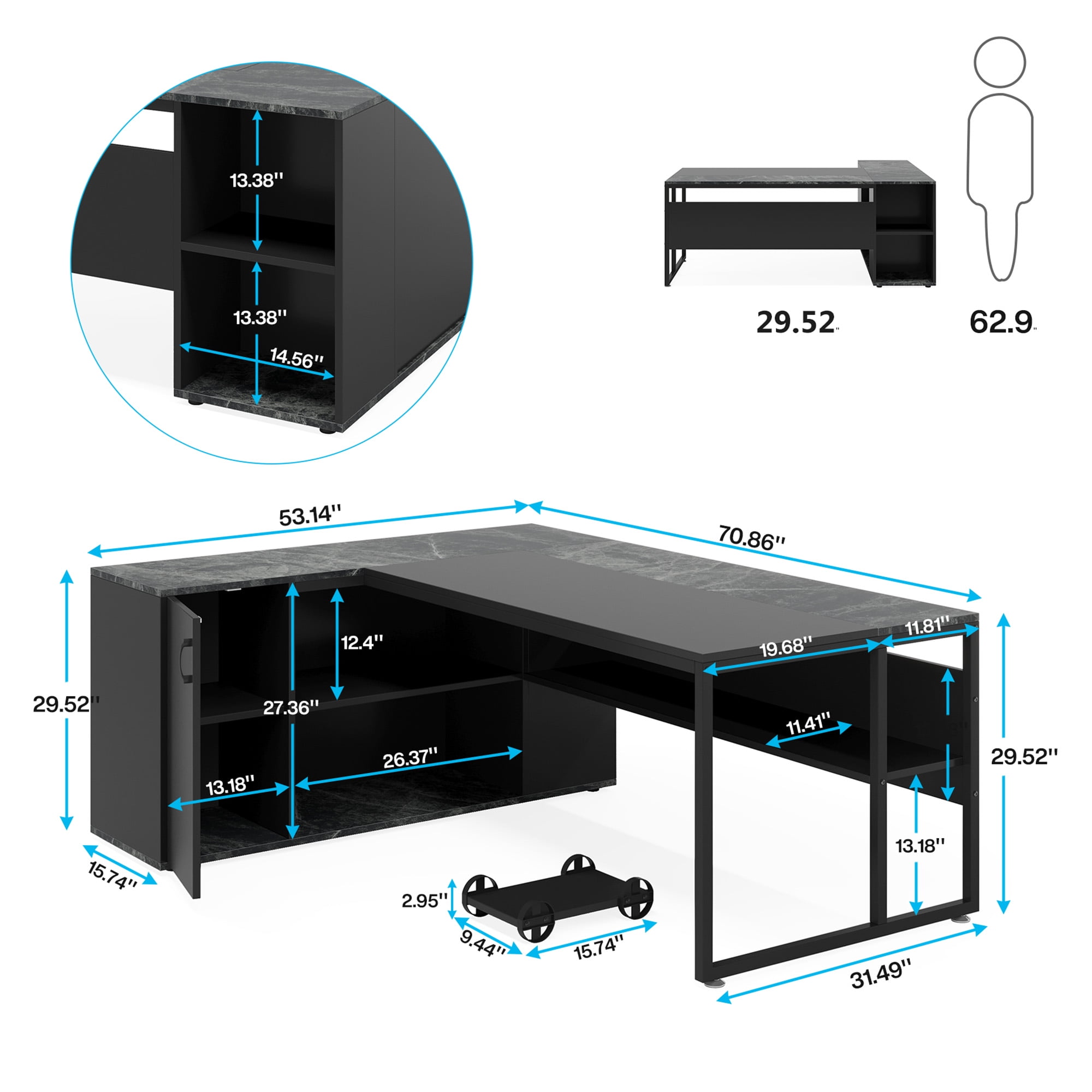 KIOOTTO 71" L-Shaped Executive Desk with Storage Cabinet, Printer Stand and CPU Stand, Black Corner Computer Desk