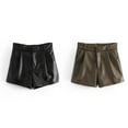 thumbnail image 3 of Jumpingount Pantalones cortos de cuero PU para mujer, pantalones cortos de pierna recta con cremallera y cintura alta Vintage, pantalones con Prendas para la parte inferior del cuerpo Negro L, 3 of 6
