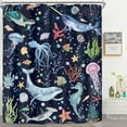 thumbnail image 4 of Kids Ocean Shower Curtain for Bathroom Decor 72Wx72H Shark Whale Fish Jellyfish Turtlr Sea Octpus Seaweed Starfish Colorful Art Printed Fabric Polyester Waterproof 12 Pack Plastic Hooks, 4 of 6