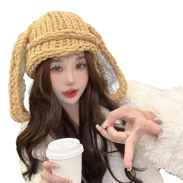 CSChome Knitted Hat Women Winter Hat Long Bunny Ear Decor Knitted High Elasticity Warm Thick Soft Ear Protection Solid Color Windproof Slip