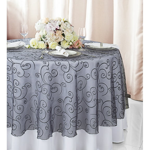 Wedding Linens Inc. 90" Round Embroidered Organza Table Overlay Toppers Tablecloth- Pewter / Charcoal