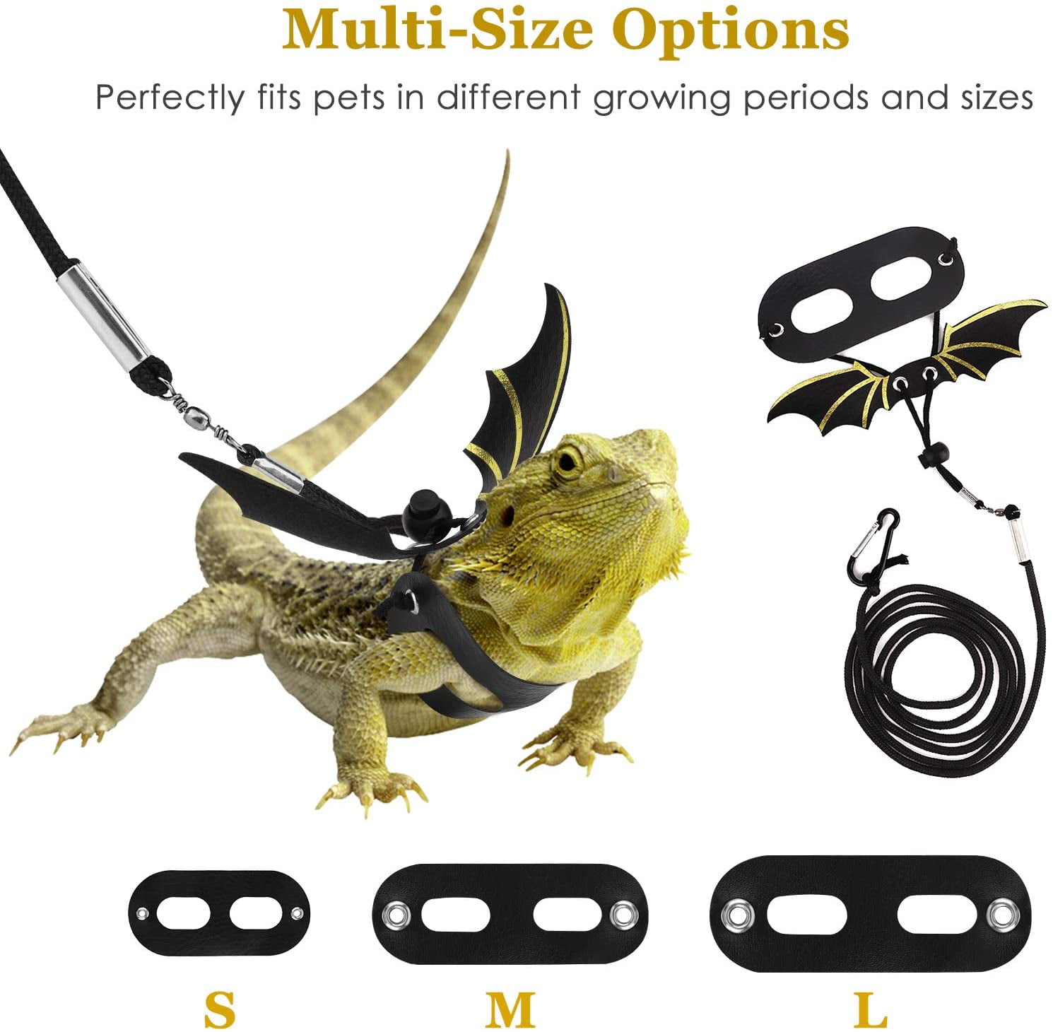  Pawaboo Adjustable Bearded Dragon Harness and Leash, 3 Size  Leather Reptile Leash Outdoor Harness Leash with Bat Wings for Lizard  Reptiles Amphibians Small Pet, Small/Medium/Large, Black+Gold : Pet Supplies