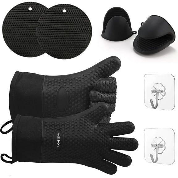 ‌GEEKHOM 8PCS Extreme Heat Resistant Silicone BBQ & Oven Gloves Set to 446°F with Mitts, Trivet Mats, Pinch Grips, Hooks for Grilling, Baking, Kitchen‌