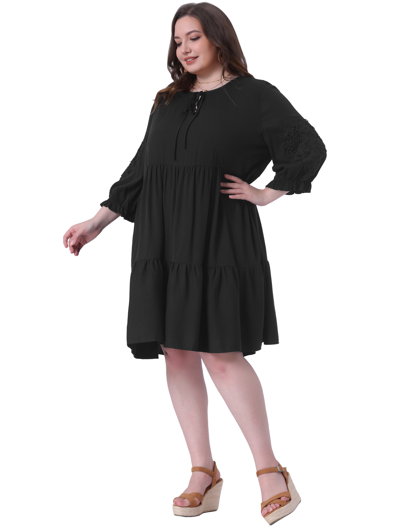 DARING DIVA Plus Size Tie Neck Lace Sleeve Casual Ruffle Midi Flowy Dress 2X Black