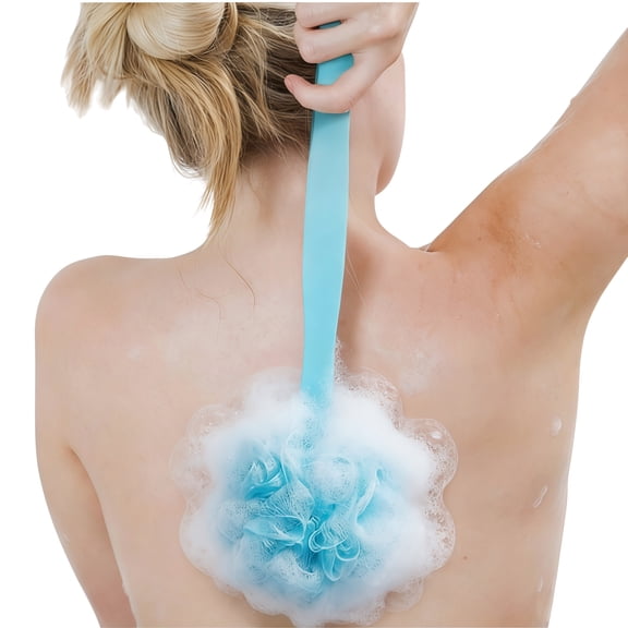 GIXUSIL Loofah Back Scrubber for Shower, Long Handle Bath Body Brush Soft Nylon Mesh Sponge on a Stick for Men and Women, Exfoliating Scrub Cleaning for Elderly, 1 Pack Blue