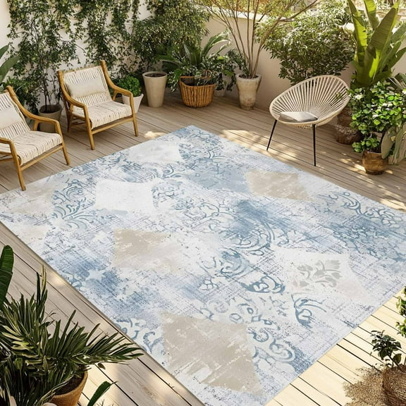 Fsddascl Blue Beige Floral Outdoor Rug for Patio/Deck/Porch, Non-Slip Large Area Rug 4 x 6 Ft, Vintage Smear Abstract Art Indoor Outdoor Rugs Washable Area Rugs, Reversible Camping Rug Carpet Runner