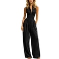 thumbnail image 2 of Women's Sleeveless Jumpsuit, Turndown Collar V-Neck With Pockets, Fashion One-Piece Pants For Office & Casual Outings Black S, 2 of 7