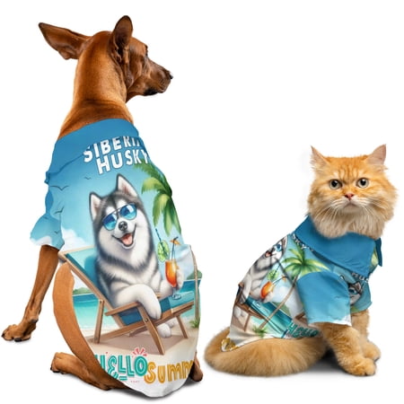 Siberian Husky Hello Summer Beach Theme with Sunglasses and Tropical Cocktail Hawaiian Summer Shirt for Small Medium Large Dog Cat Husky Dog Lover Gifts - 00009