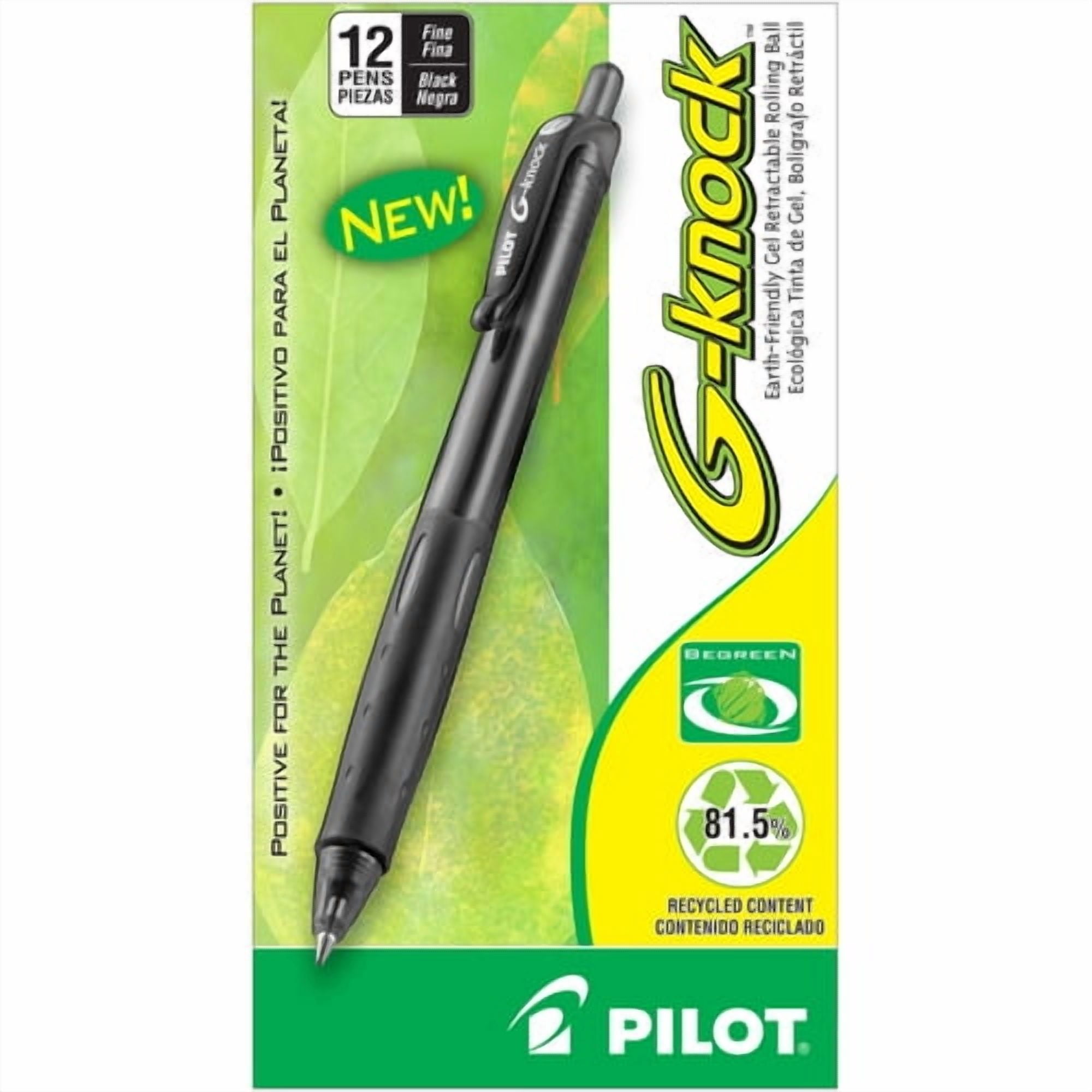 Pilot BeGreen G-Knock Retractable Gel Ink Pens Fine Pen Point - 0.7 mm Pen Point Size - Refillable - Retractable - Black Gel-based Ink - Black Barrel - 12 / Dozen