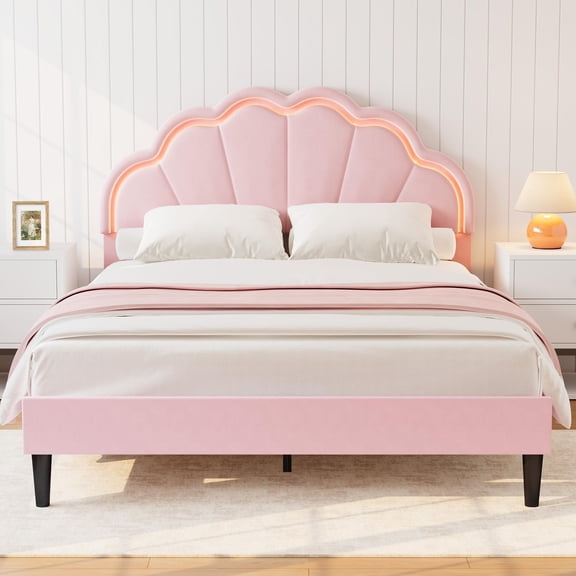 Queen Velvet Seashell Headboard LED Light Pink