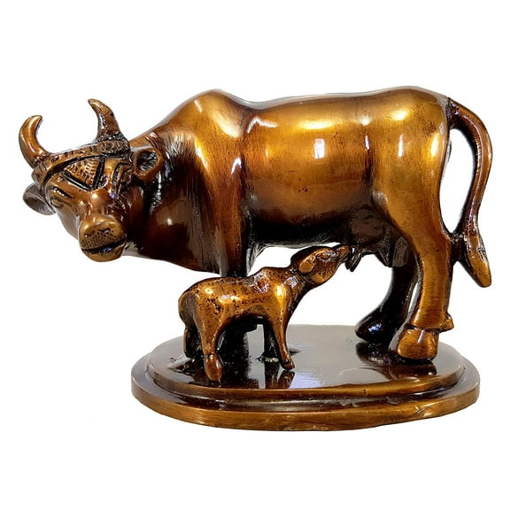eSplanade - Kamadhenu Kamdhenu Holy Cow and Calf Sculpture Showpiece | Beautiful Lucky Figurine - Home Decor | Brass - 4" Inches