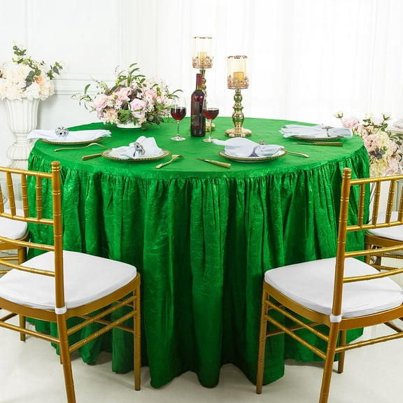 Wedding Linens Inc. 72"W x 30"H Round Ruffled Fitted Crushed Crinkle Taffeta Tablecloth Table Cover Linens With Skirt - White