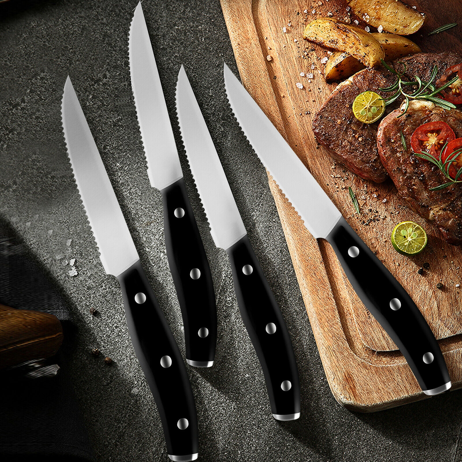 Kitchen + Home Steak Knives – Stainless Steel Pointed Tip Serrated Steak Knife Set – 6 Pack