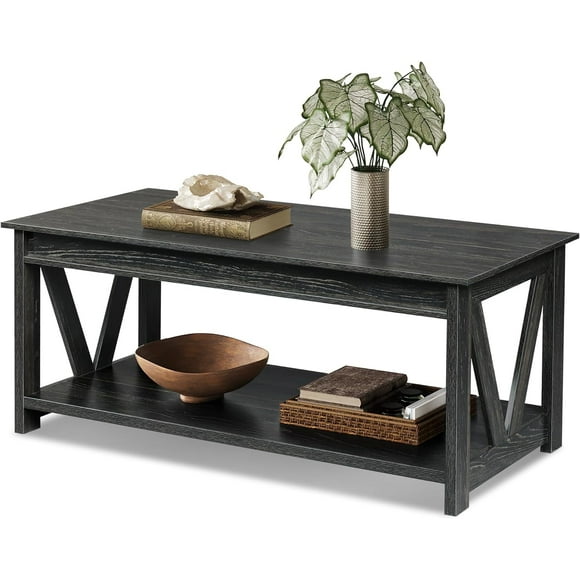 Coffee Table, 43" Living Room Coffee Table with Storage Shelf, Center Table for Living Room, Bedroom, Office and Balcony, Black