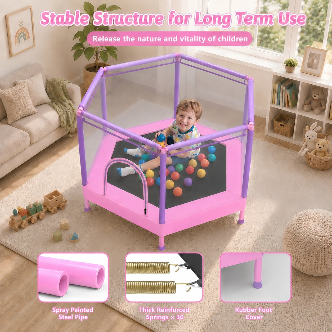 55" Toddler Trampoline with Enclosure Net & Ocean Balls, SHINPT Kids Trampoline for Toddlers Ages 3+, Indoor Trampoline with No Gap Design, Small Trampoline for Kids Room, Living Room, Ideal Gift