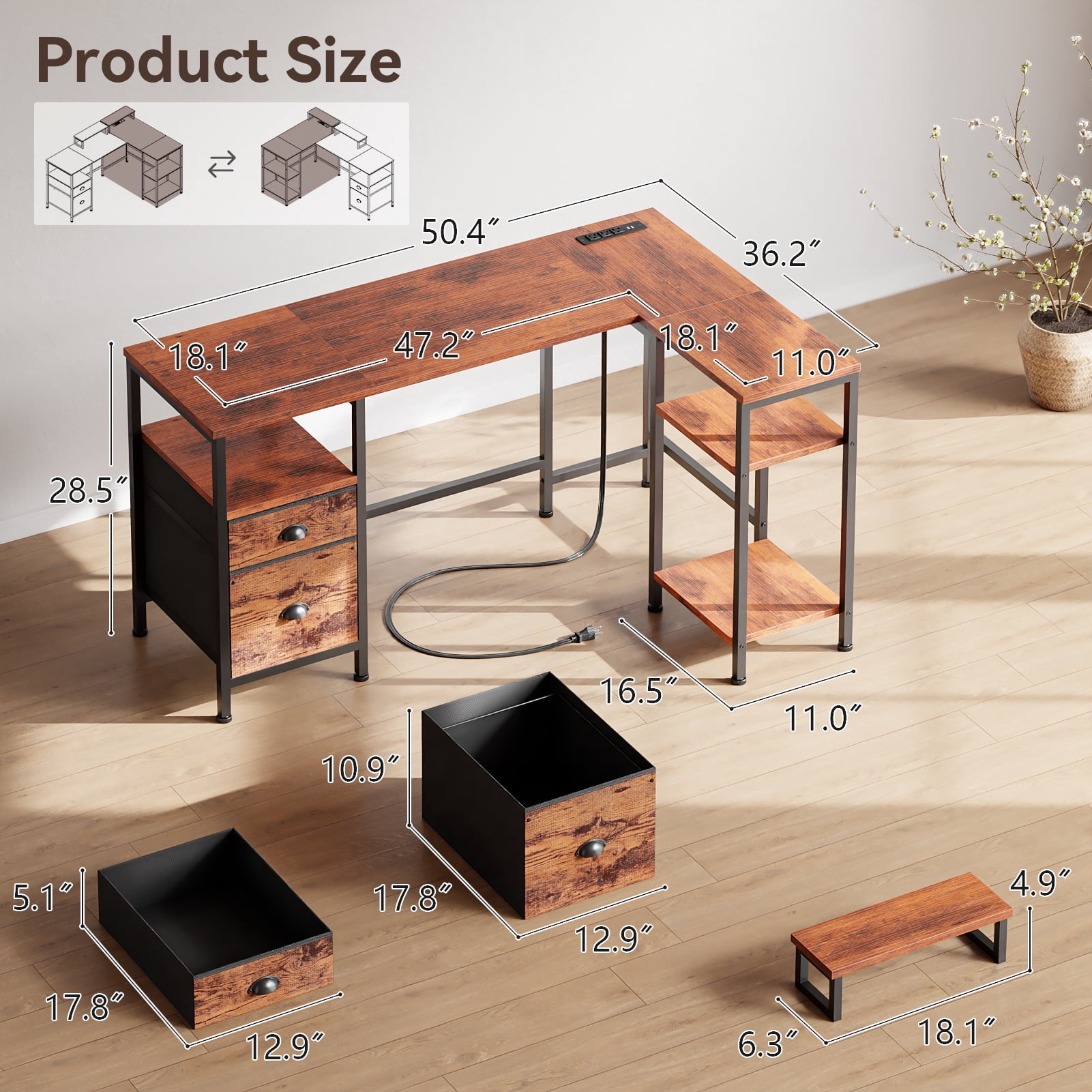 Satifur L Shaped Desk with Power Outlets, 50" Computer Desk with File Drawer, Home Office Desk with Printer Stand & Storage Shelves, Corner Desk, Rustic Brown