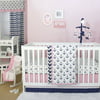 The Peanut Shell 3 Piece Baby Crib Bedding Set - Navy Blue and Pink Anchor Nautical Theme - 100% Cotton Quilt, Crib Skirt and Sheet