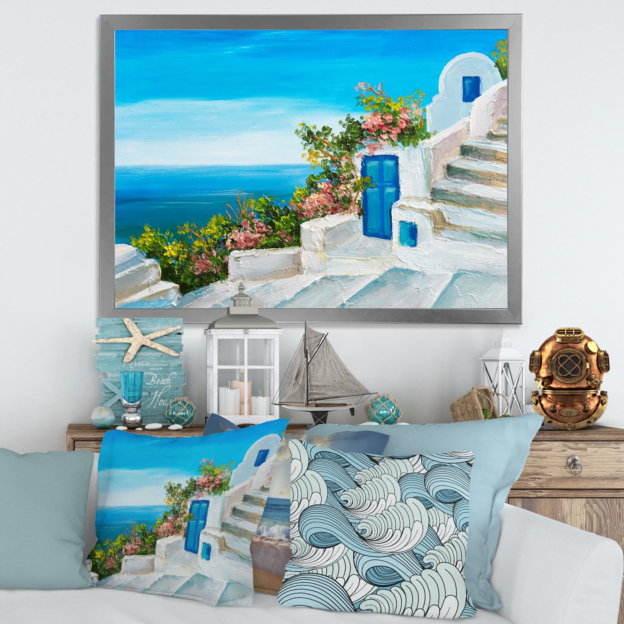 Designart 'House With Colorful Flowers Near The Sea IV' Nautical & Coastal Framed Art Print