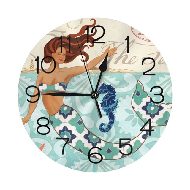 Reloj de pared con temática de animales marinos mediterráneos de sirena, silencioso, de 10 pulgadas, estilo rústico retro, decorativo para sala de estar, cocina, hogar, baño y dormitorio