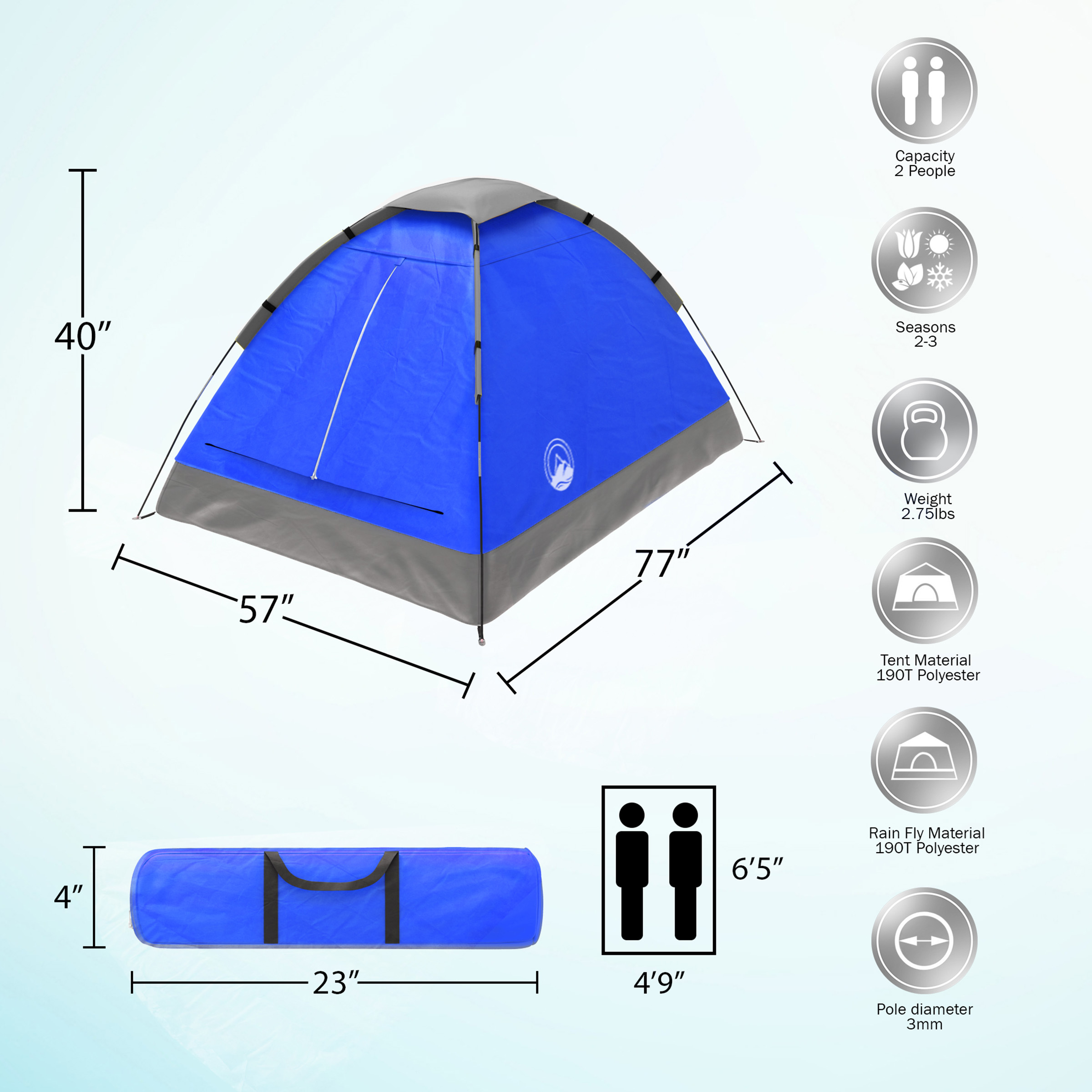 2-Person Camping Tent ? Includes Rain Fly and Carrying Bag ? Lightweight Outdoor Tent for Backpacking Hiking or Beach by Wakeman Outdoors (Blue) - image 2 of 10