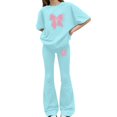 thumbnail image 2 of EnJoCho Girls 2 Piece Outfits Kids Cute Bow Short Sleeve Top Long Flare Pants Bell Bottoms Set Summer Athletic School Clothes Little Girls Linen Short Sleeve Pants Outfit, 2 of 5
