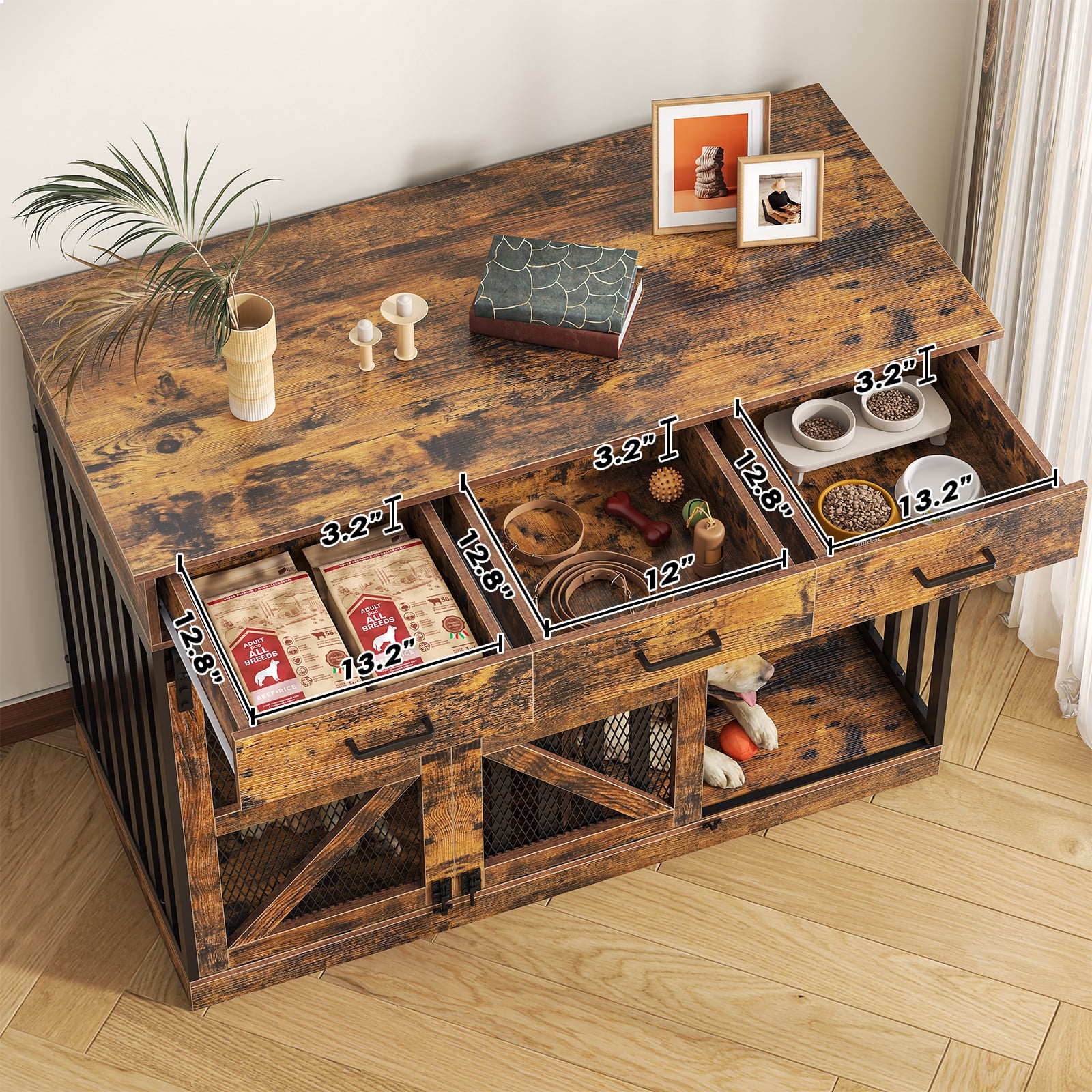 2-in-1 Farmhouse Dog Crate Furniture - Wooden Large Dog Kennel with Drawers Storage - Double Doors - Indoor TV Stand - Inner Height: 24 Inches - Ideal for One Big Dog or Two Small Dogs