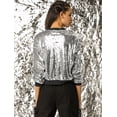 thumbnail image 4 of Chaqueta de Bombardero Allegra K de lentejuelas con Cremallera Y Manga Larga Recortada con Purpurina para Mujer Plata L, 4 of 6