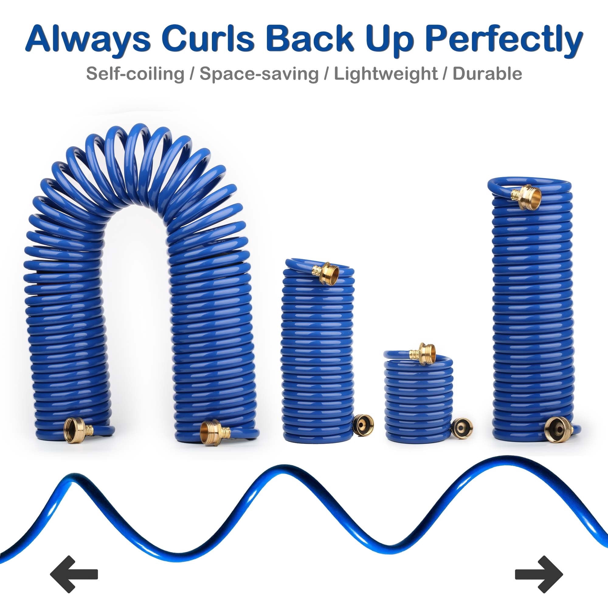 FUNJEE 1/2" Heavy-Duty EVA Coil 15 ft Garden Hose with 1/2" GHT Solid Brass Fittings, Water Hose with Brass Connectors (25FT, Blue)