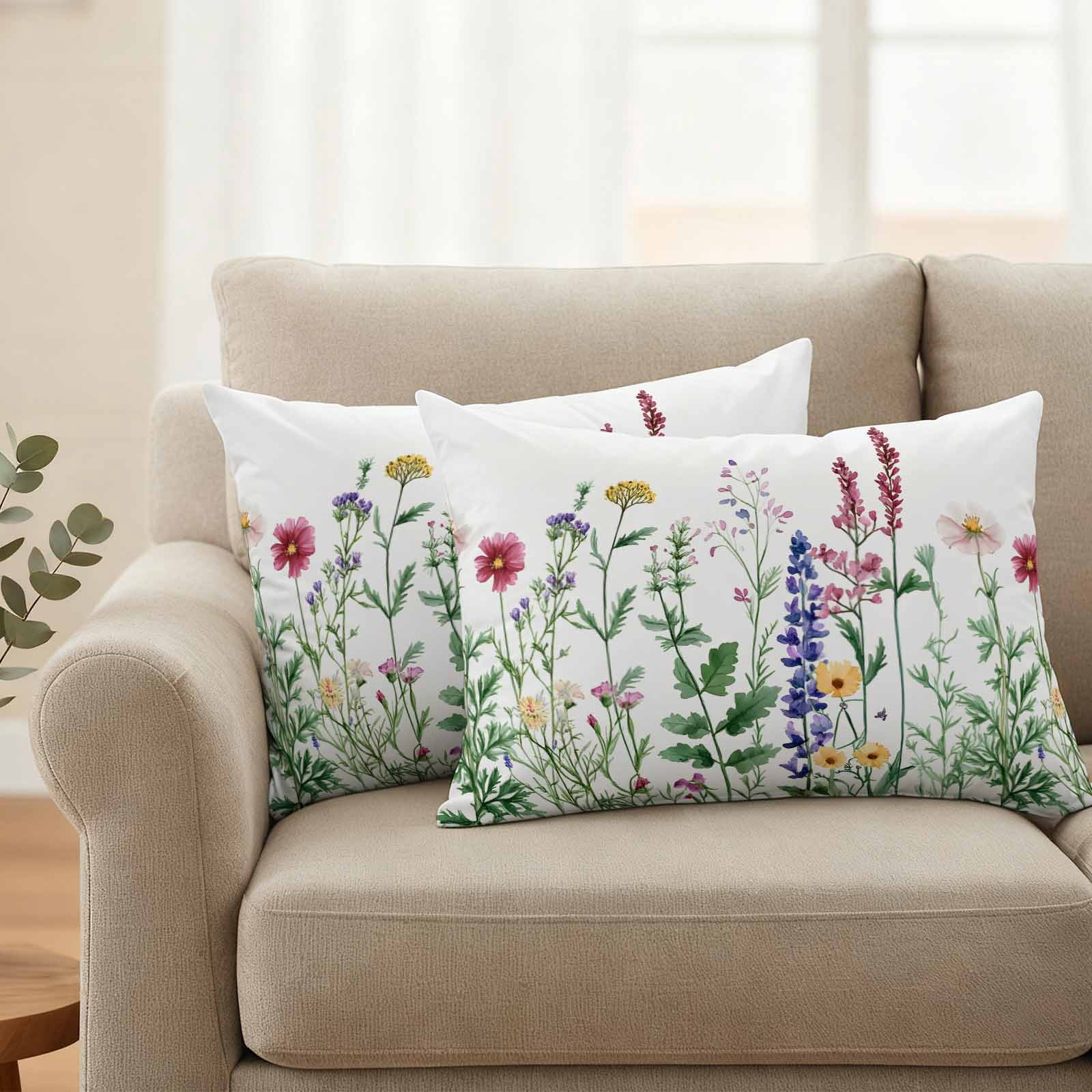 Spring Pink Pillow Covers 2 Pack Wildflower Lavender Botanical Sage Green Leaves Pillowcase Waterproof Outdoor Throw Pillow Cover for Patio Balcony Rectangular Cushion 20”x12”