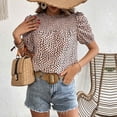 thumbnail image 2 of Blusa de manga corta con cuello redondo y fruncido para mujer, blusa con puños elásticos y estampado de leopardo a la moda de verano, 2 of 8