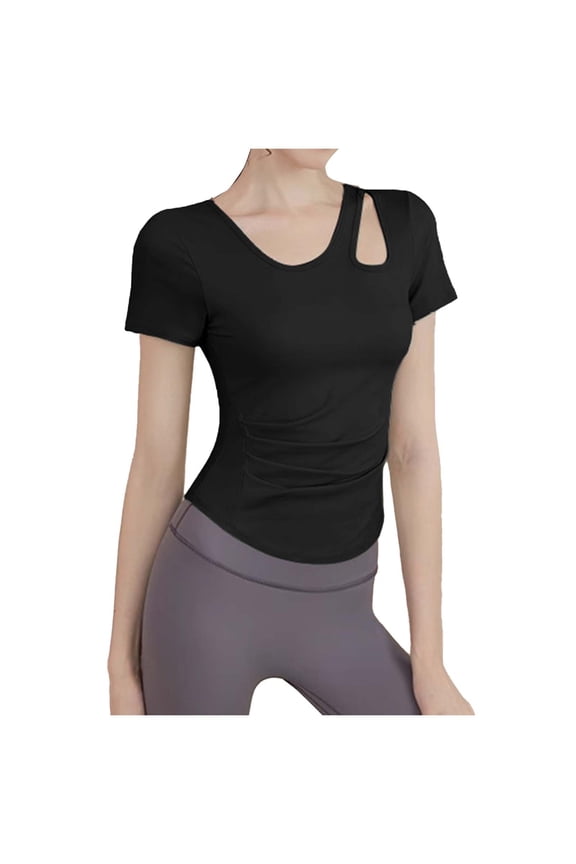 Women's Workout Short Sleeve T Shirt Athletic Yoga Tight Ruched Side Cutout Solid Color Top