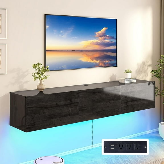 Merluxy Fireplace TV Stand with 36" Electric Fireplace, 70" Modern High-Gloss for Living Room, LED Entertainment Center for TVs up to 70", Black