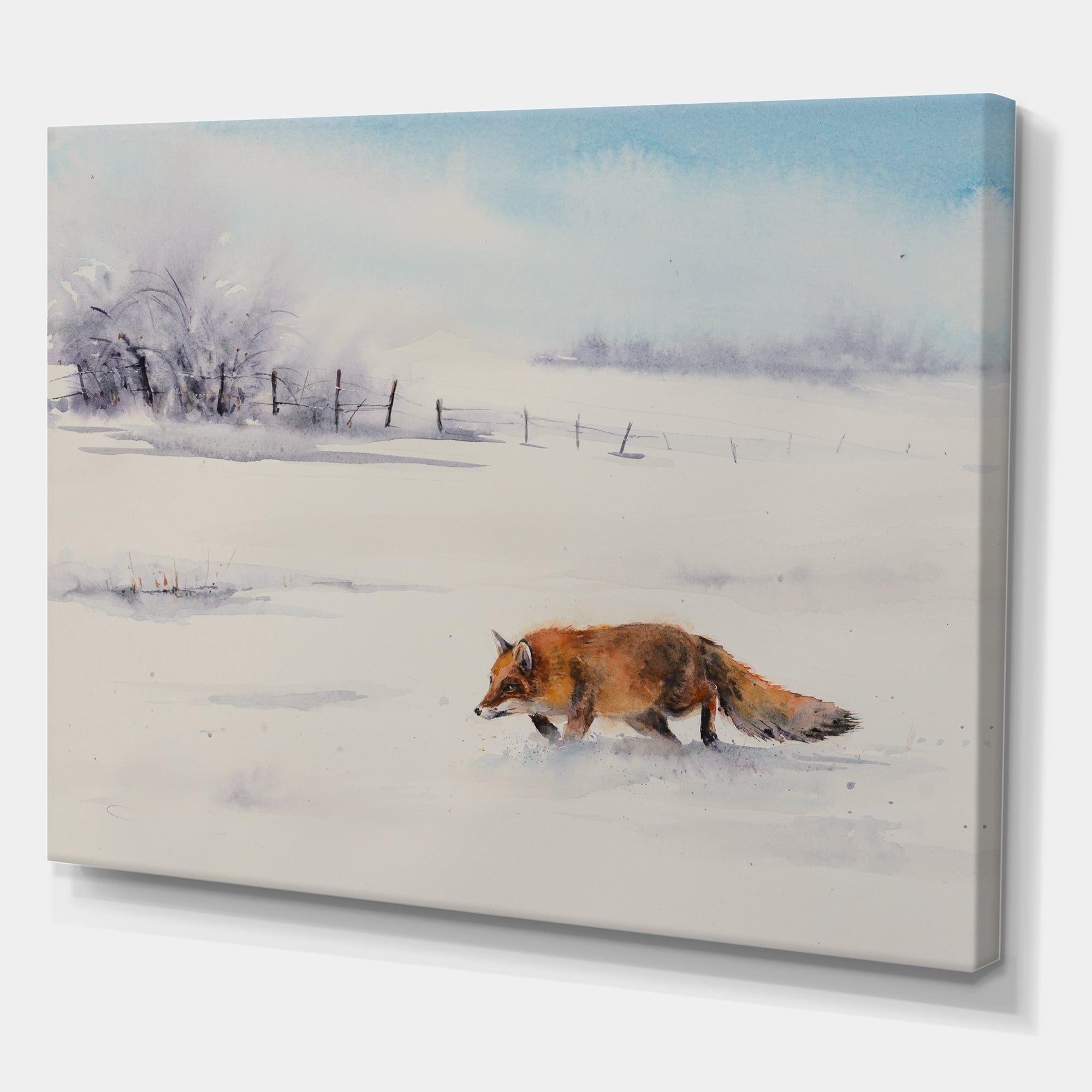 Designart ' Red Fox Running In White Snow in Countryside I ' Farmhouse Canvas Wall Art Print