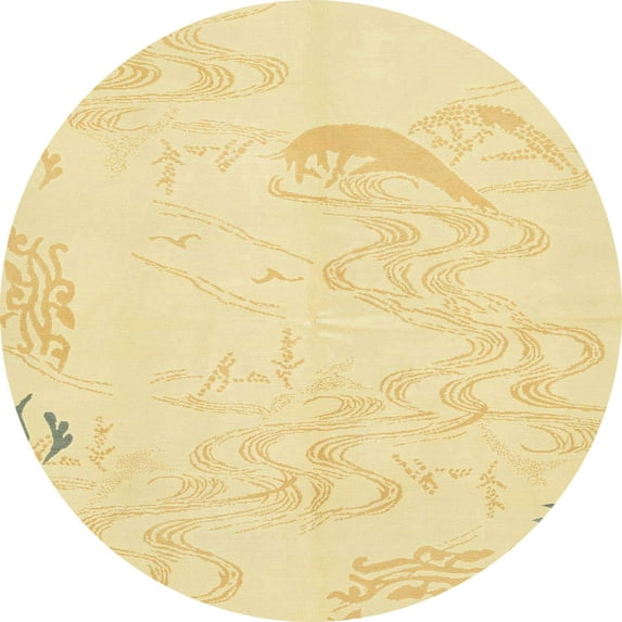 Ahgly Company Machine Washable Indoor Round Abstract Chrome Gold Yellow Area Rugs, 7' Round