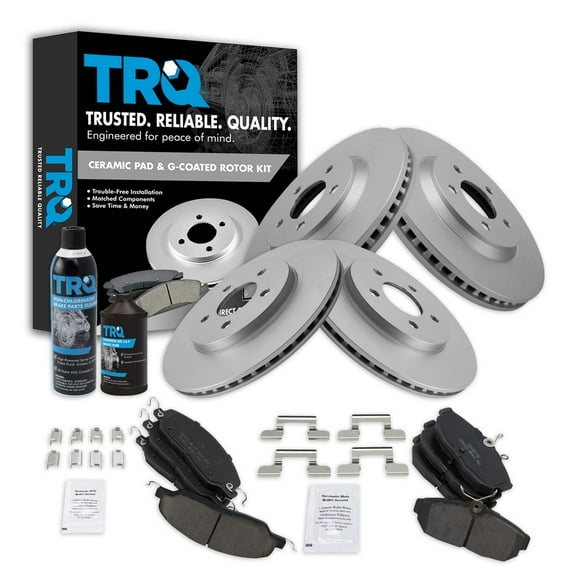 TRQ Brake Pad & Coated Rotor Ceramic Front & Rear Kit w/Fluids for Ford Mustang BKA23090
