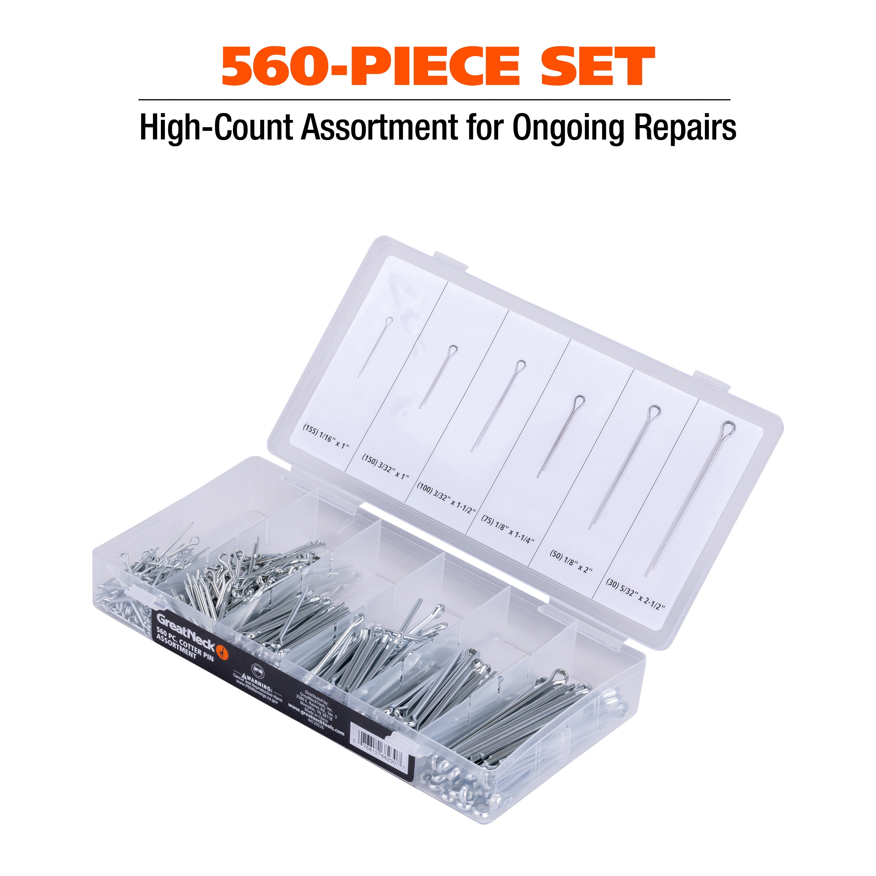 Great Neck Tools Cotter Pin Assortment, 560 Piece Set