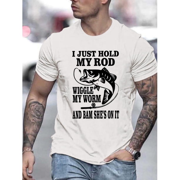 Camiseta gráfica con temática de pesca para hombre, informal, de cuello redondo y estampado divertido, de punto, ligeramente elástica, esencial para el verano - Corte regular para adultos, camisetas d