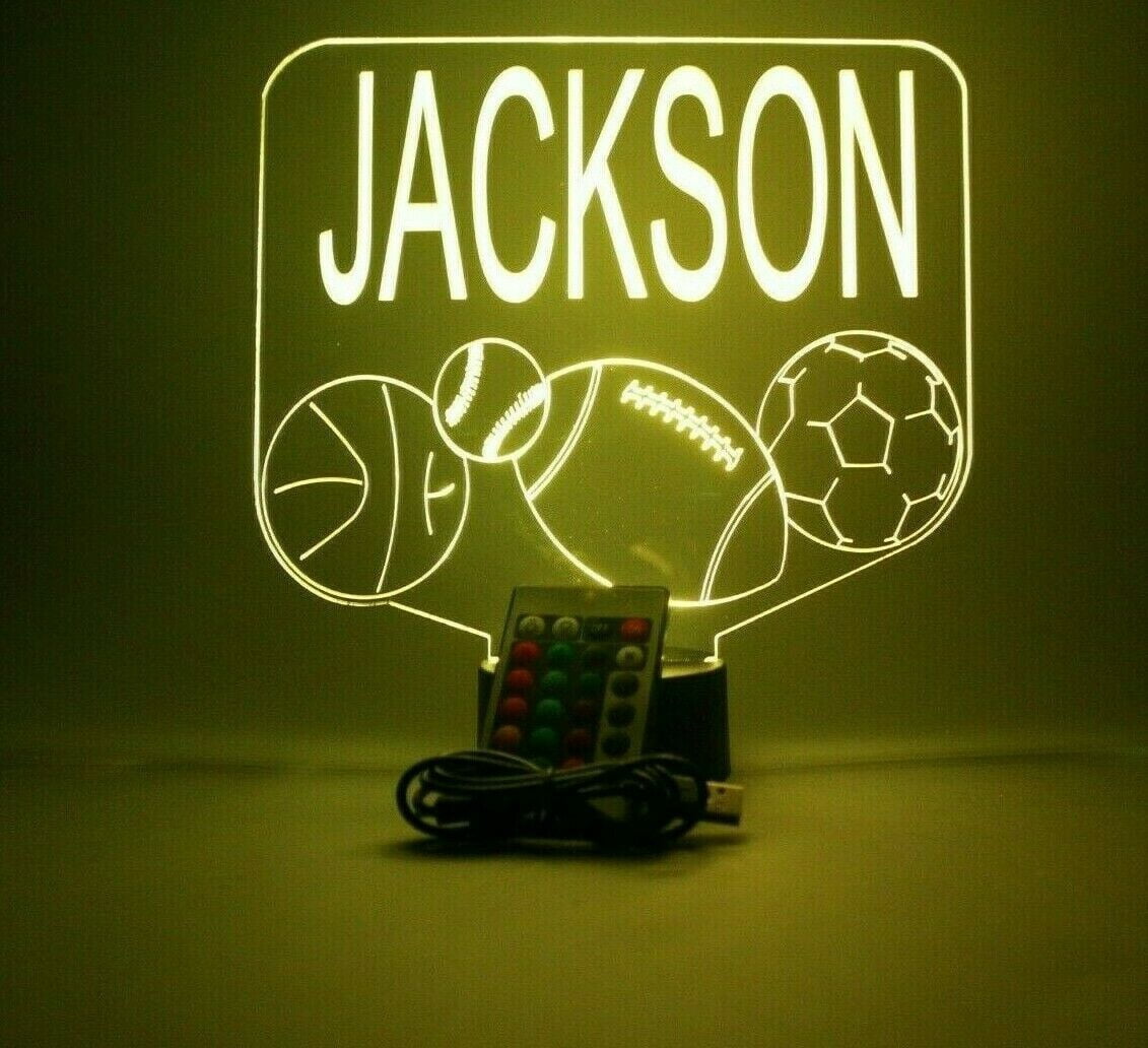 Sports Array Soccer Ball Baseball Football Basketball with Custom Name Night Light Up Lamp LED Free Engraved Custom Name Personalized Athletic Table Lamp with Remote, 16 Colors, It's Wow, Great Gift