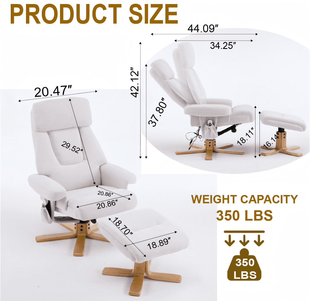Beige Fabric Upholstered Heated Massage 360 Degree Swivel Accent Chair, Ergonomic Single Sofa with Ottoman and Adjustable Backrest for Living Room Bedroom Reading Nook, Beige