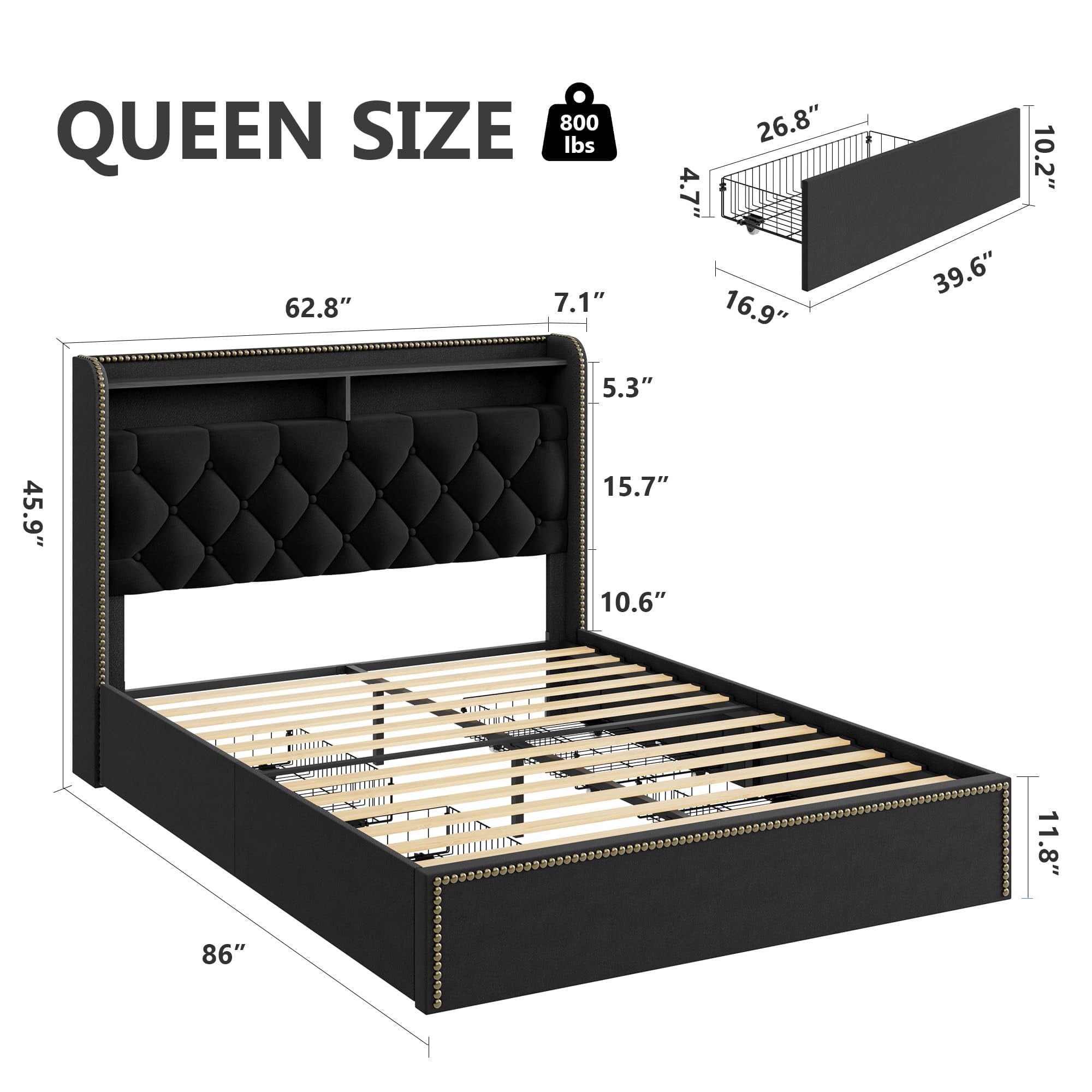 Towallmark Queen Size Bed Frame with Upholstered Headboard 2-Tier Shelf, Black Velvet Tufted Platform Bedframe with 4 Storage Drawers, Wooden Slats Support, No Box Spring Needed