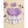 thumbnail image 2 of Infant Baby Girls Romper Dress Flower Embroidery Tulle Patchwork Short Sleeve Round Neck Ruffled Jumpsuit with Bow Headband, 2 of 9