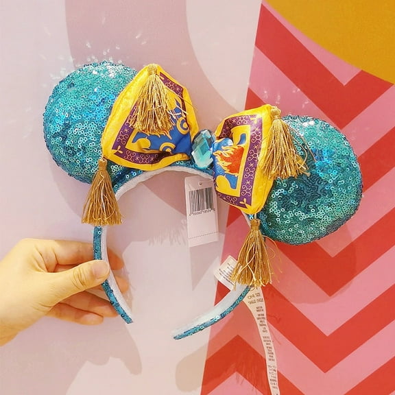 Fashion Minnie Ears Sequin Diamonds Aladdin Queen Sparkle Bow Headband Blue/Green