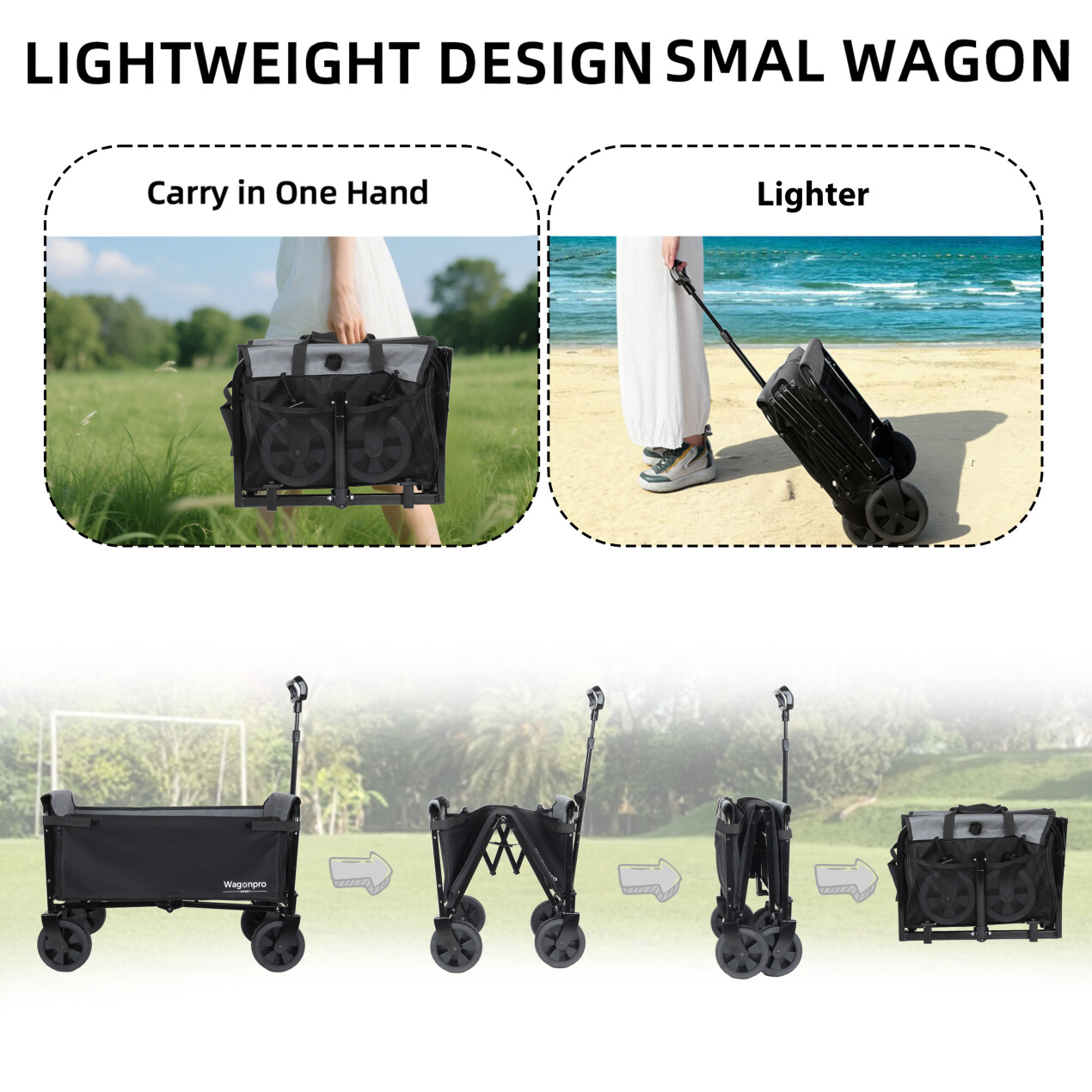 All-in-One Convertible Folding Wagon Cart with Bench Seat and Dog Leash, Heavy Duty Utility Trolley with All Terrain Wheels, Lightweight Shopping Cart for Beach, Garden, Camping, Sport, Black